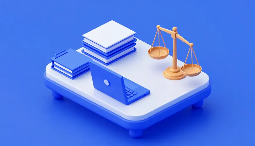 Laptop, dosya klasörleri ve adalet terazisiyle düzenli bir büro masası