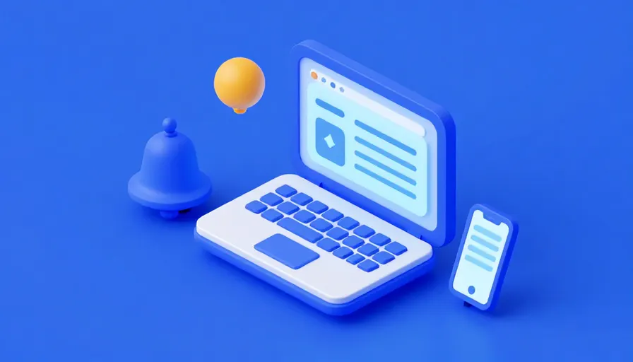 Dizüstü bilgisayar, telefon ve çana bağlı parlak bir kontrol merkezi çizimi