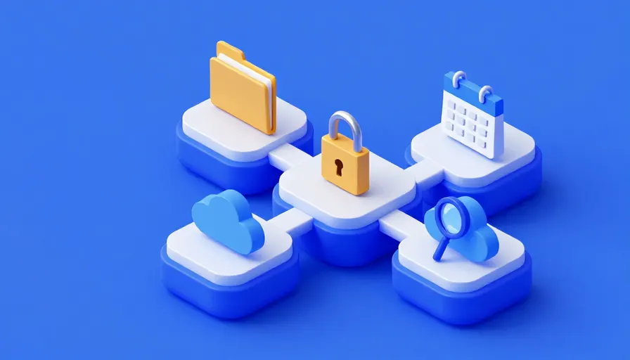 Klasör, kilit, takvim, bulut ve büyüteç taşıyan beş bağlantılı platform