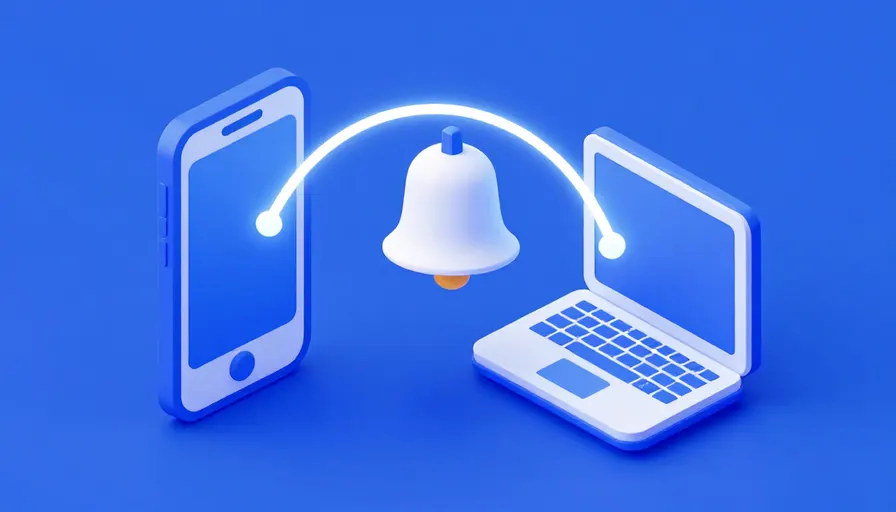 Telefon ve dizüstü bilgisayar parlayan yaylarla bağlı, aralarında bir zil simgesi var; bildirim ve senkronizasyon anlatılıyor