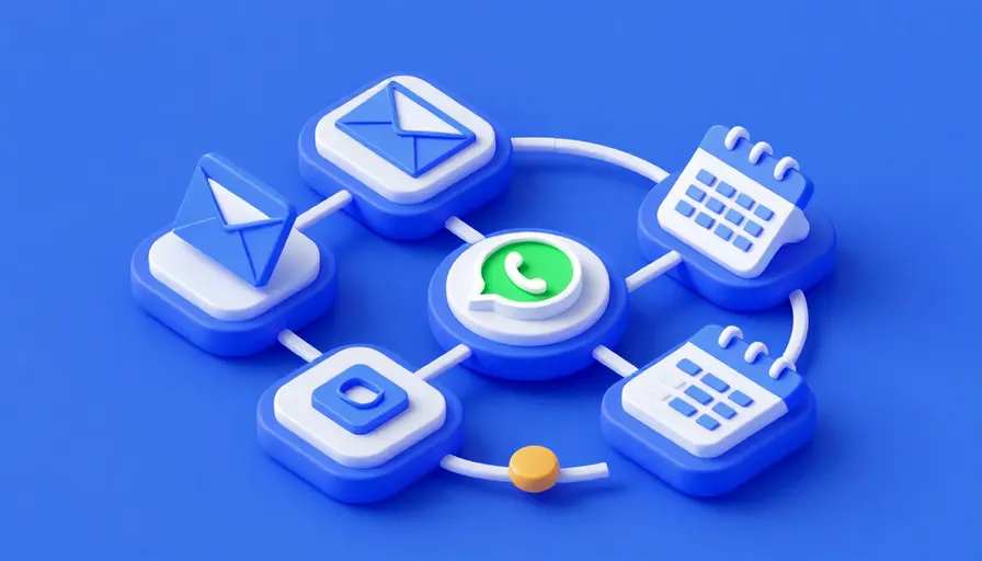 E‑mail, SMS, WhatsApp ve takvim ikonlarıyla akış diyagramı